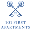 A logo with two keys and the words "101 First Apartments" below it.