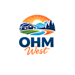 A logo with the text "OHM West" featuring a house, mountains, and a sunset.