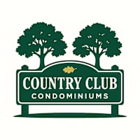 A sign that says "Country Club Condominiums" with trees on it.
