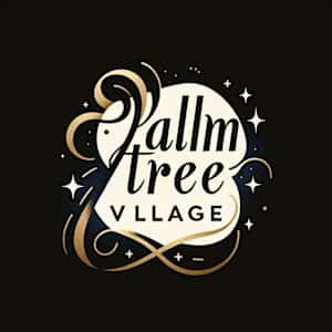 The image features the text "Palm Tree Village" in an ornate, cursive font, surrounded by decorative elements such as stars and swirls.
