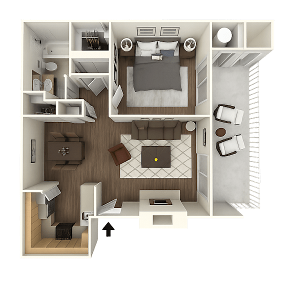A 3D rendered image of a house layout.