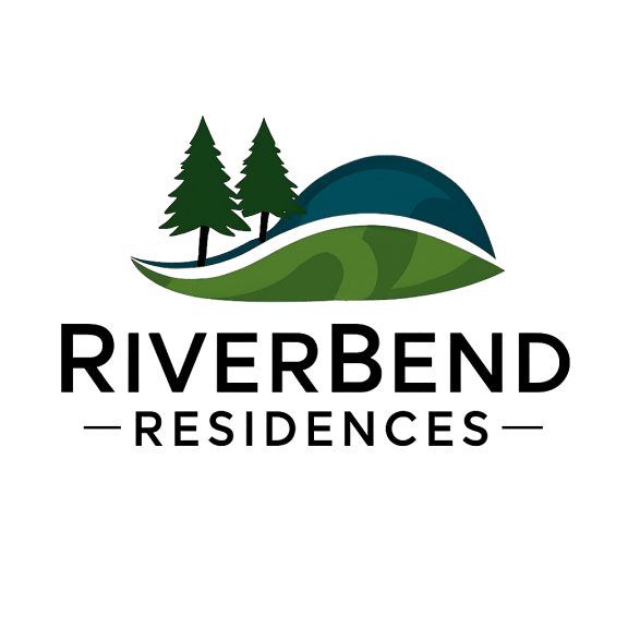 A logo for Riverbend Residences featuring trees and hills.