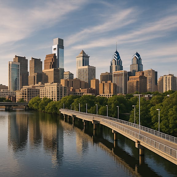 A city skyline with a bridge over a body of water.