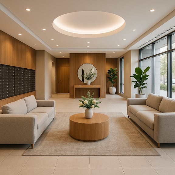 A modern living room with a grey sofa, a wooden coffee table, and a kitchen area in the background.