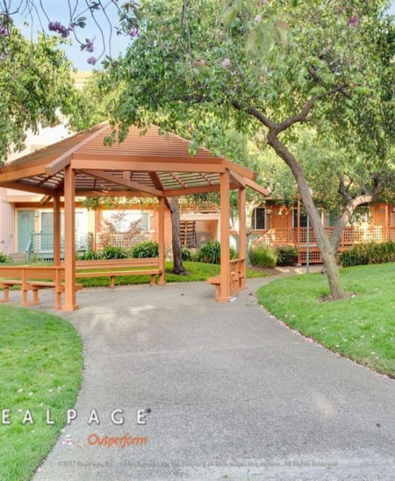 Gazebo surrounded by trees, Peninsula Pines Apartments, CA, 94080
