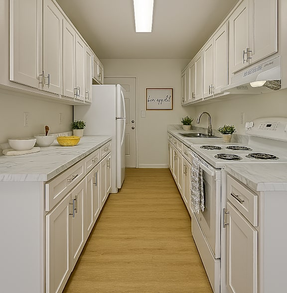 A white kitchen with the words "Stage Kitchen" written on the bottom.