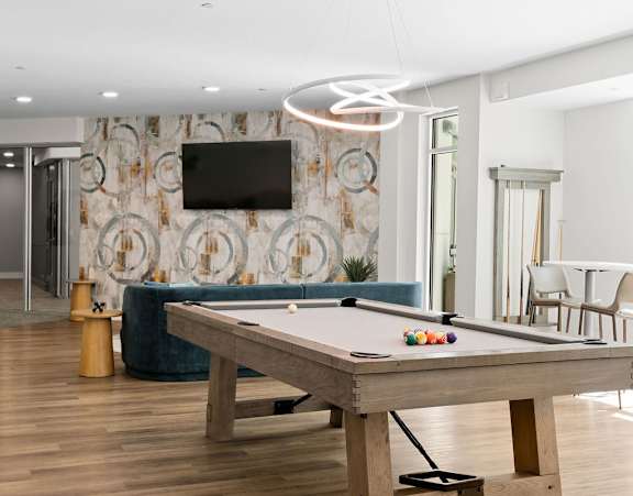 A pool table in a room with a television and a sofa.