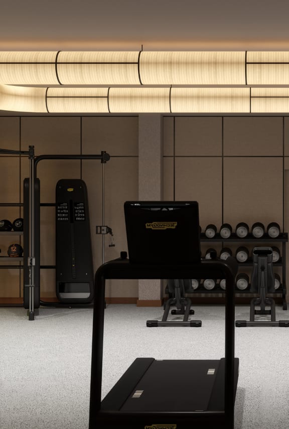 a large fitness room with exercise machines and a large window with a view of the pool