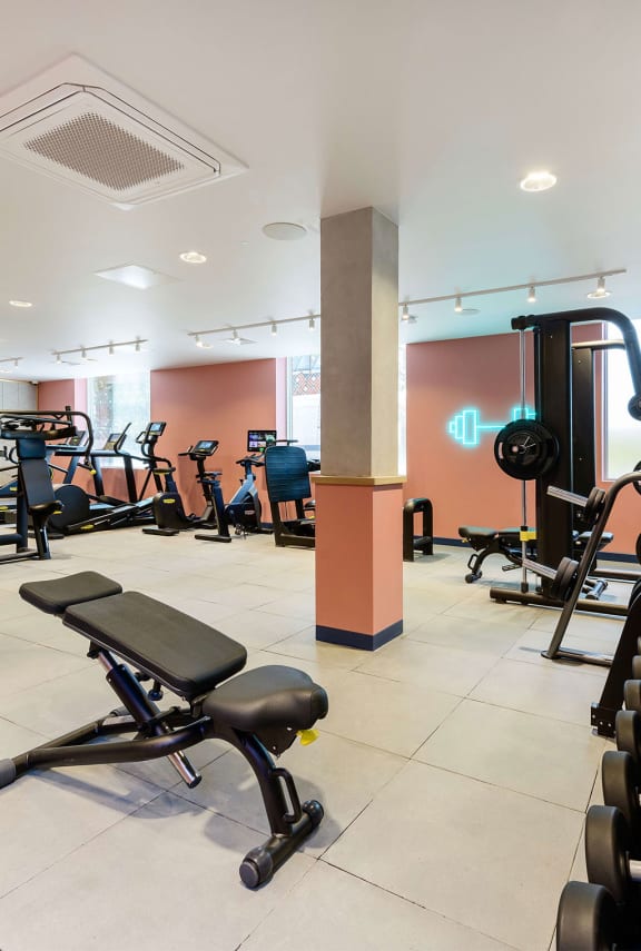 a large fitness room with exercise machines and a large window with a view of the pool