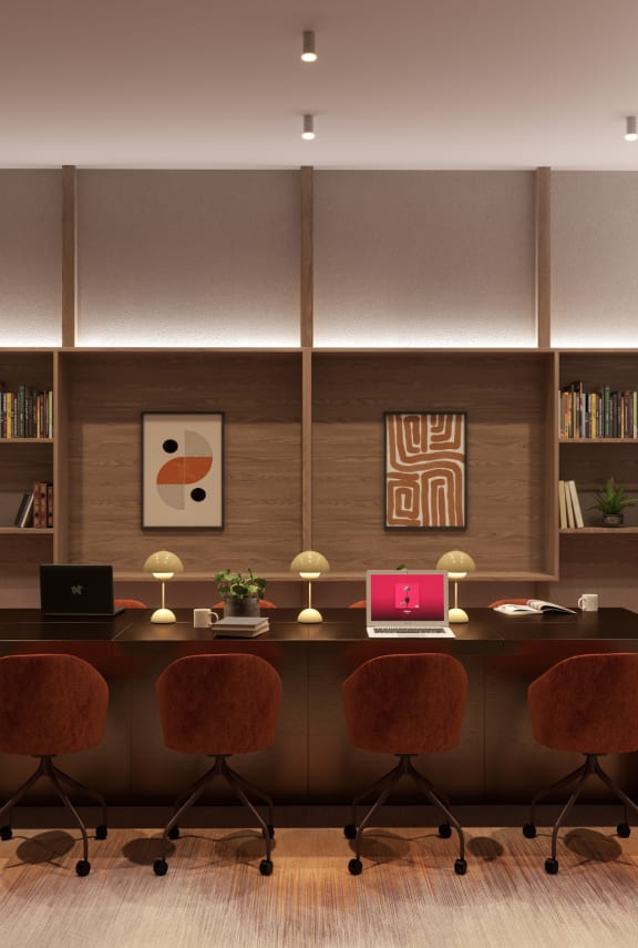 a home office with a desk and chairs