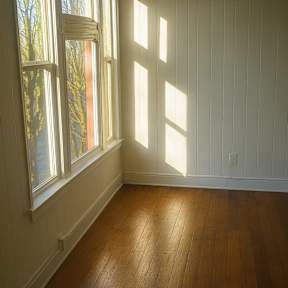 A room with wooden floors and a window letting in sunlight.
