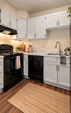 A kitchen with black appliances and white cabinets.