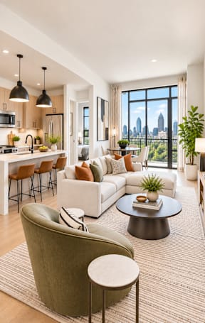 A modern living room with a large window overlooking the city.