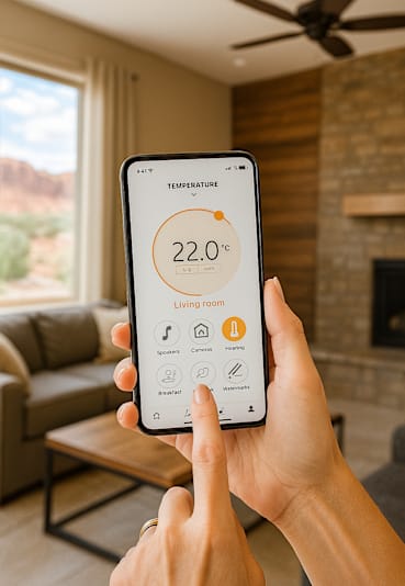 A person is holding a smartphone displaying the temperature as 22.0 degrees Celsius.