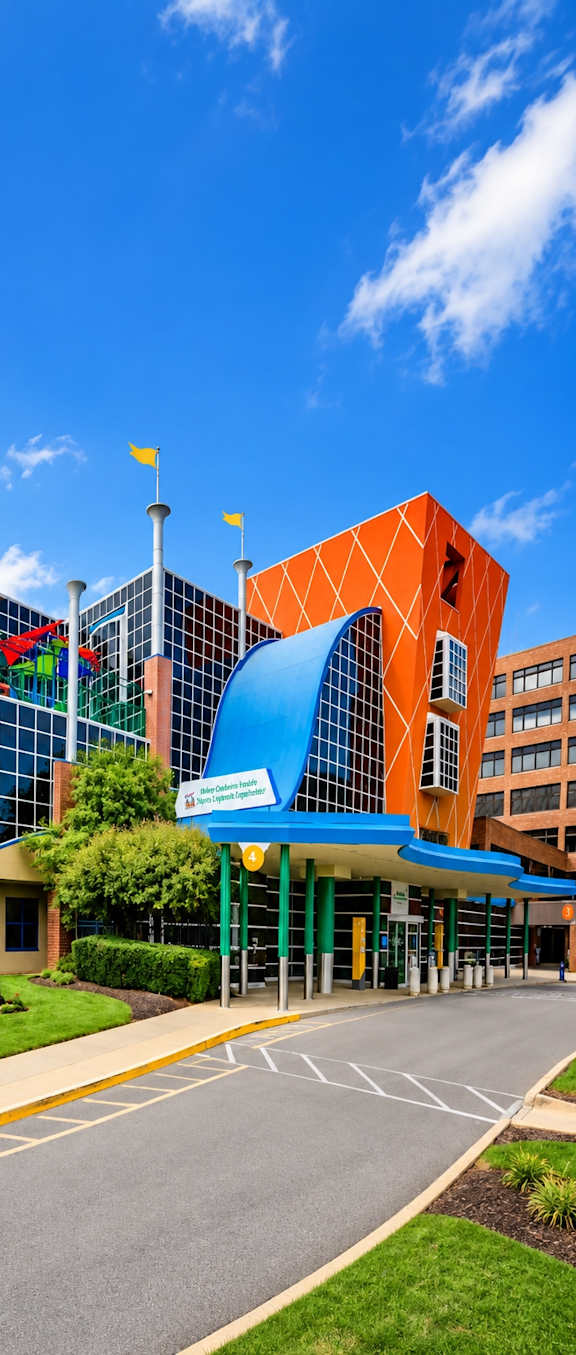 A modern building with a glass facade and a blue roof.
