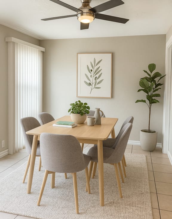 A dining room with a table, chairs, and a ceiling fan.