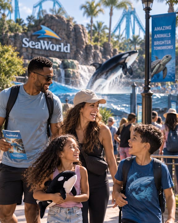 A family of four is walking together at the SeaWorld theme park.
