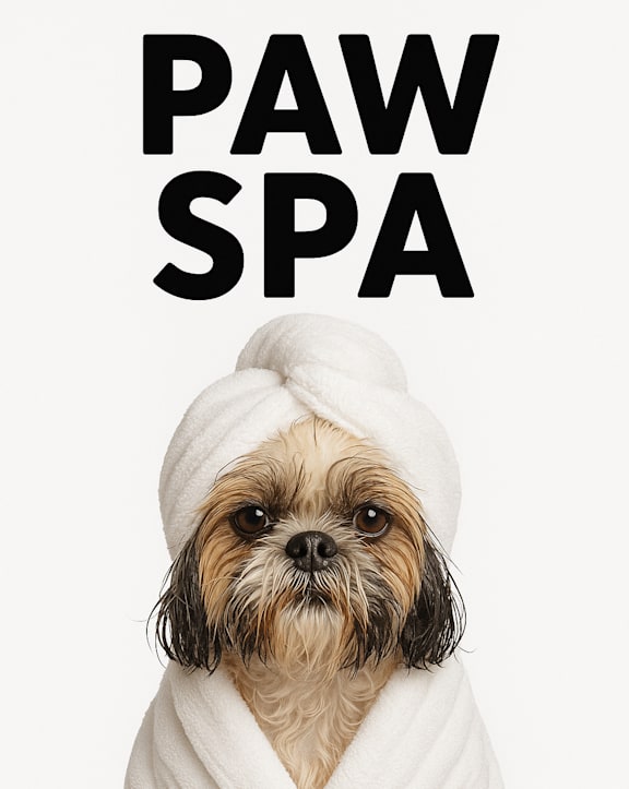 A dog wrapped in a towel with the words "PAW SPA" above it.