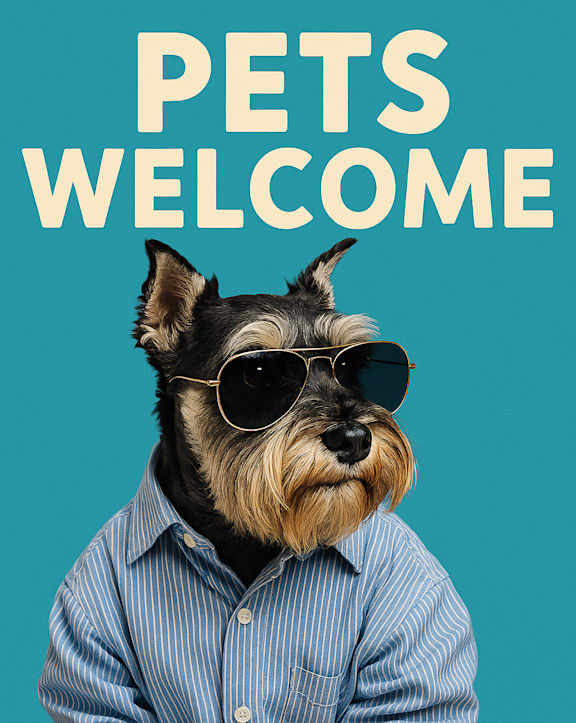 W7th Pets Welcome A dog wearing sunglasses and a shirt with the text