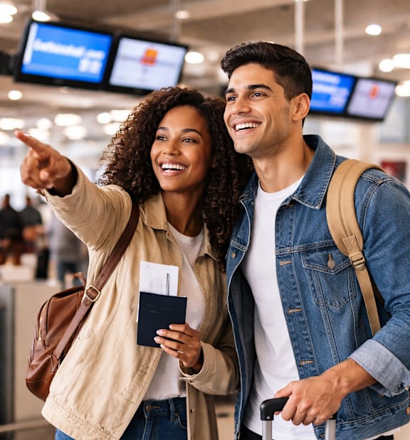 A man and woman are standing in an airport, the woman is pointing at something.