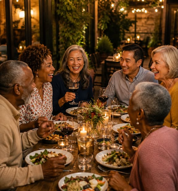 A group of people enjoying a meal together at a candlelit table.