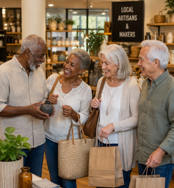 A group of people shopping in a store with a sign that says "Local Artisans Makers".