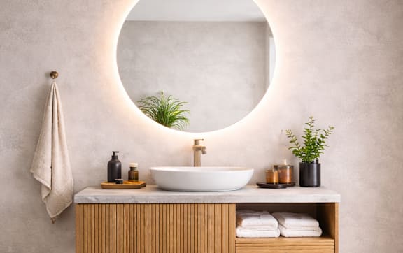 A bathroom with a round mirror, a wooden shelf, and a plant.