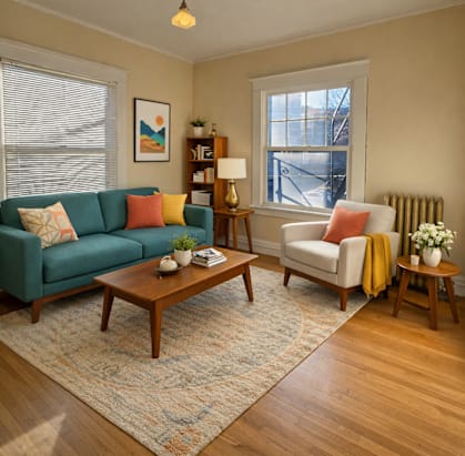 A living room with a blue couch, a wooden coffee table, and a yellow throw. at Casa Del Rey Apartments, Oregon, 97209