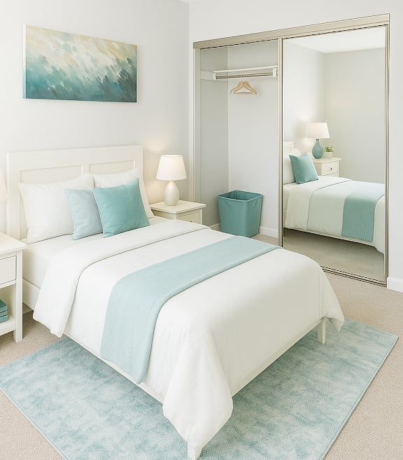 A bedroom with a bed, nightstand, and a painting on the wall.