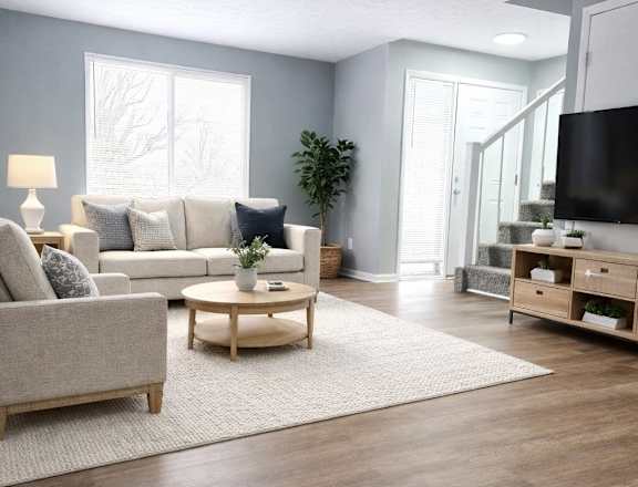 A living room with a grey couch, a coffee table, and a television.