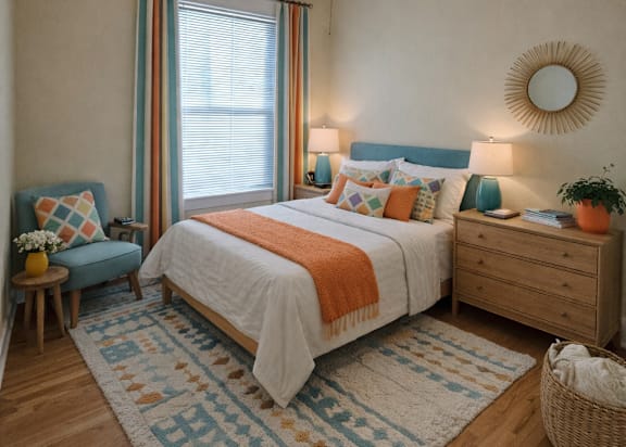 A bedroom with a bed, a chair, a nightstand, and a rug. at Casa Del Rey Apartments, Oregon, 97209