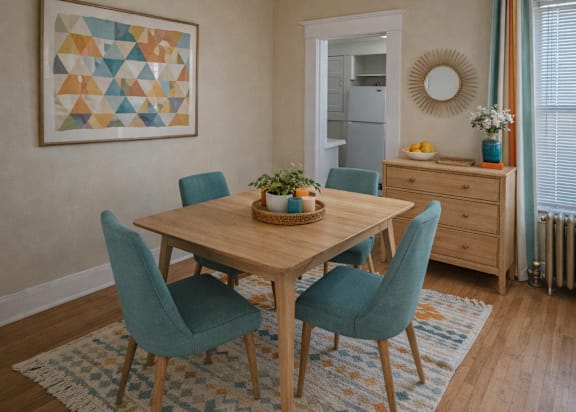 A dining room with a wooden table and chairs. at Casa Del Rey Apartments, Oregon, 97209