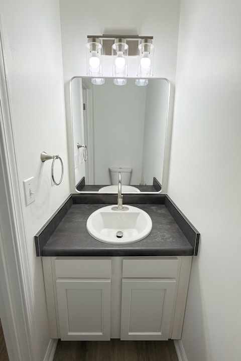 A bathroom sink with a mirror above it.