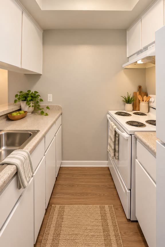 A kitchen with white cabinets and a stove top oven at Lifestyle at Shreveport in Shreveport, LA, 71109.