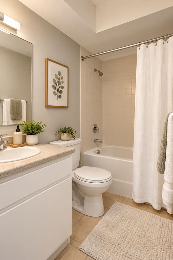 A white bathroom with a toilet, sink, and shower at Lifestyle at Shreveport in Shreveport, LA, 71109.
