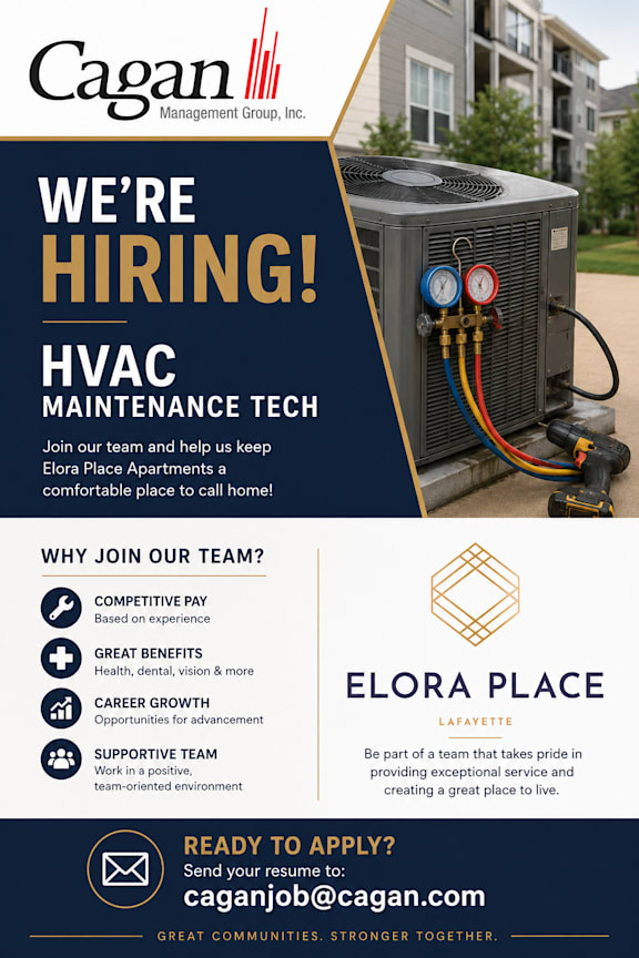 A recruitment poster for HVAC Maintenance Technician at Cagan Management Group, Inc.