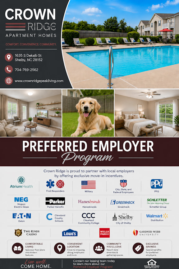 A poster for Crown Ridge Apartment Homes showcasing their amenities and preferred employer program.