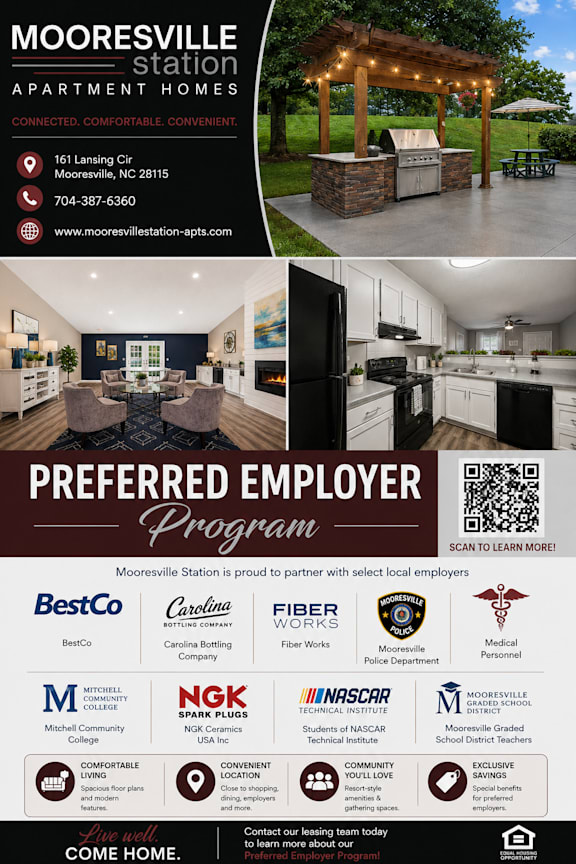 A poster advertising Mooresville Station Apartment Homes with a Preferred Employer Program.