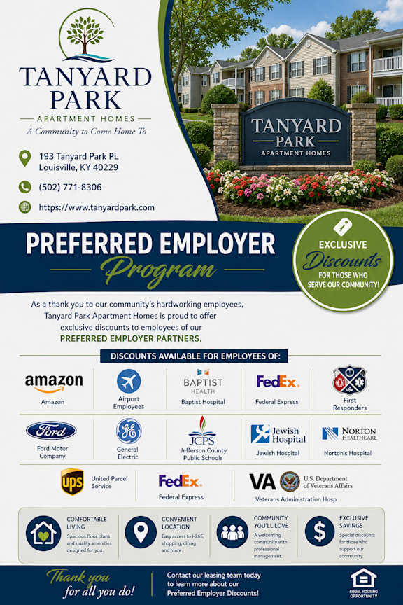 A poster for Tanyard Park Apartment Homes advertising their Preferred Employer Program.
