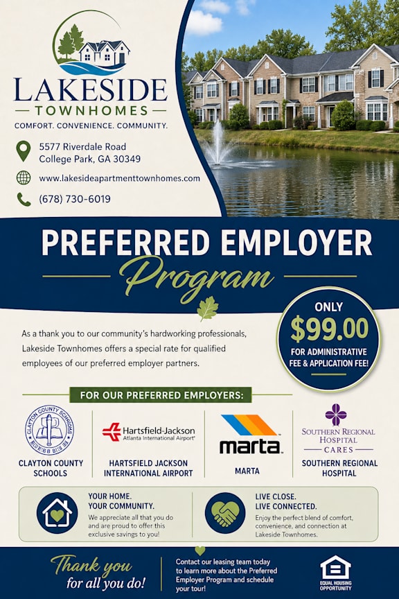 A flyer for Lakeside Townhomes with a preferred employer program.