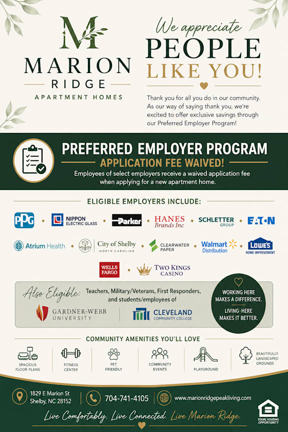 A poster for Marion Ridge Apartment Homes highlighting their Preferred Employer Program and community amenities.