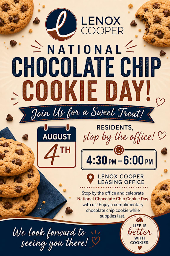 A poster advertises the Lenox Cooper National Chocolate Chip Cookie Day event.