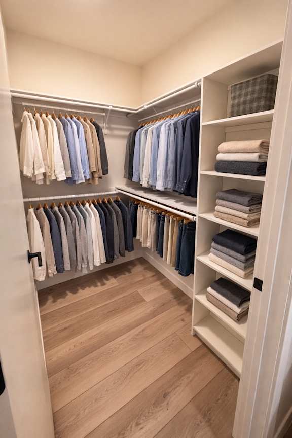 A walk in closet with clothes hanging and folded on shelves.