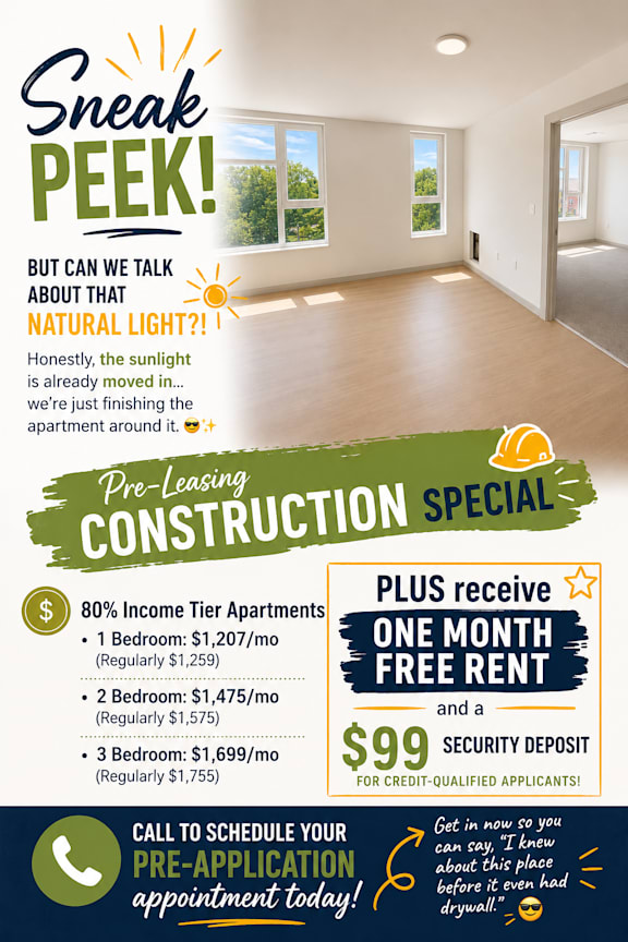 A promotional image for a pre-leasing construction special offering a one month free rent and a $99 security deposit for qualified applicants.