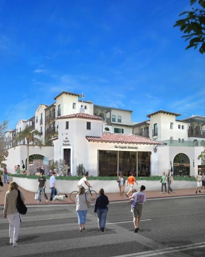a rendering of a restaurant with people walking around and a tree and plants