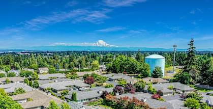 an aerial view of a neighborhood with a water tower and mountain in the background