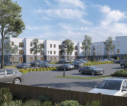 A rendering of a modern residential complex with cars parked in the driveway.