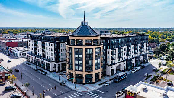 an aerial view of a large building in a city