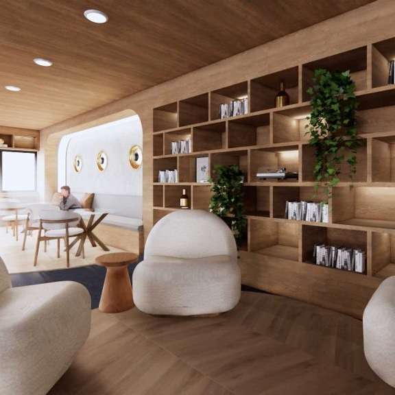 A modern living room with a wooden ceiling and shelves.
