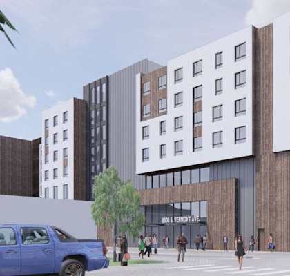 a rendering of a building with people walking in front of it